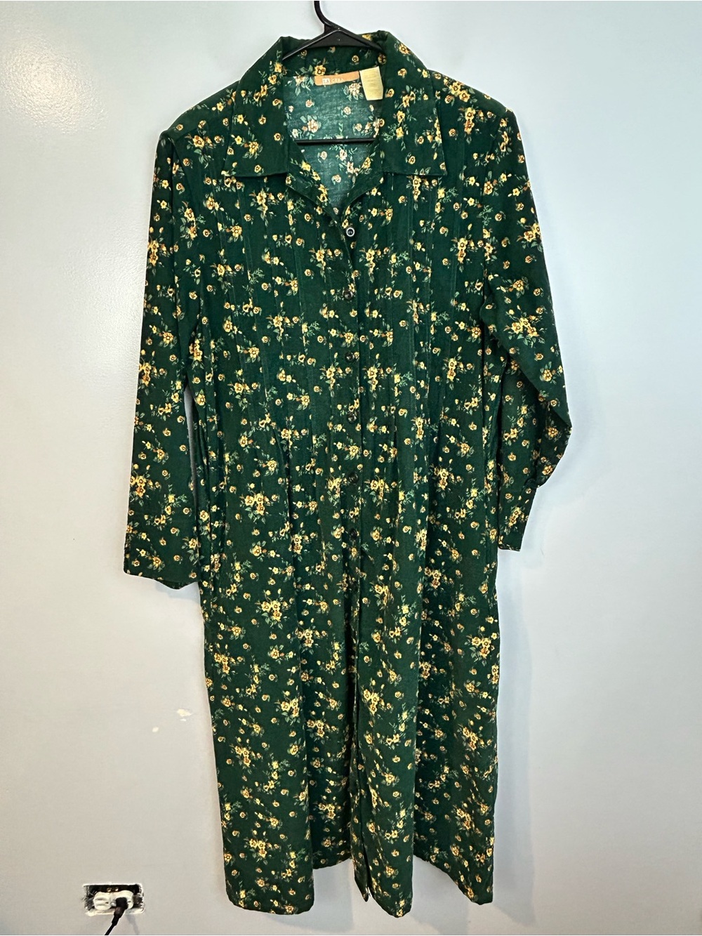 Vintage La Cera Green Floral Corduroy Button Down Cottagecore Midi Dress Large